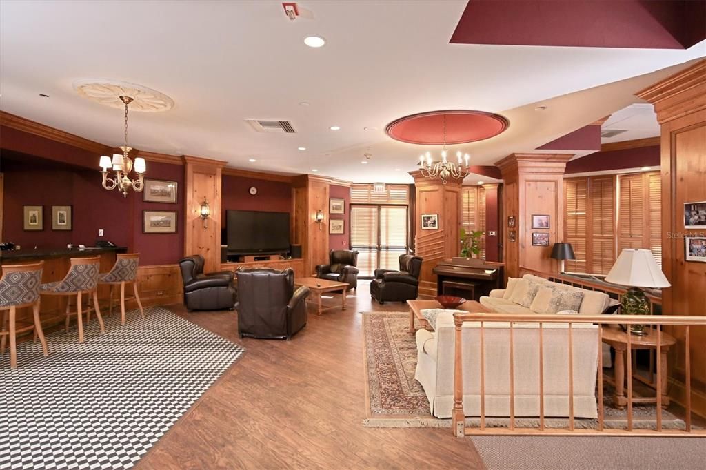 Chandelier, Interior, Living room, Recessed Lighting, Wood Texture Flooring, Wooden Walls