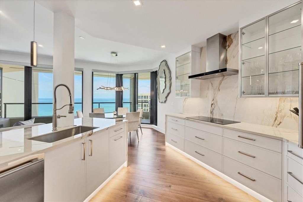 Dining room, Interior, Kitchen, Pendant Lights, Recessed Lighting, Water, Wood Texture Flooring