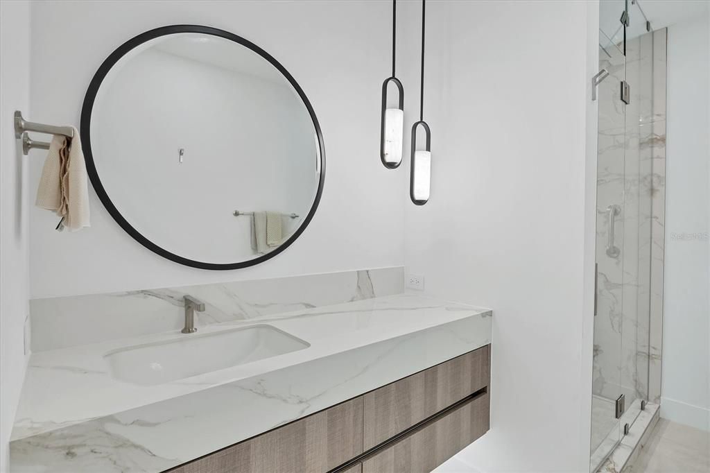 Bathroom, Glass Shower, Interior, Marble Walls, Pendant Lights