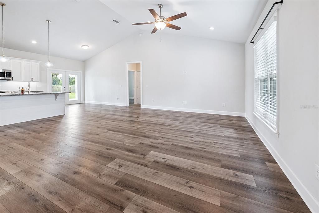 Empty room, Interior, Pendant Lights, Recessed Lighting, Wood Texture Flooring