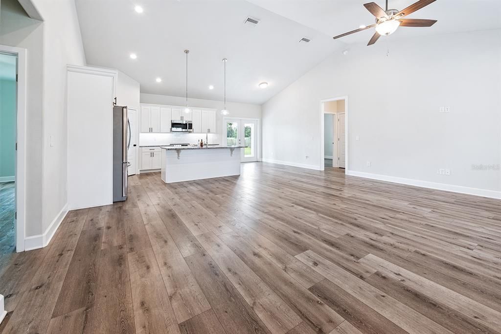 Empty room, Interior, Kitchen, Pendant Lights, Recessed Lighting, Wood Texture Flooring
