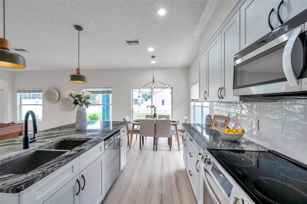 Dining room, Interior, Kitchen, Pendant Lights, Recessed Lighting, Wood Texture Flooring