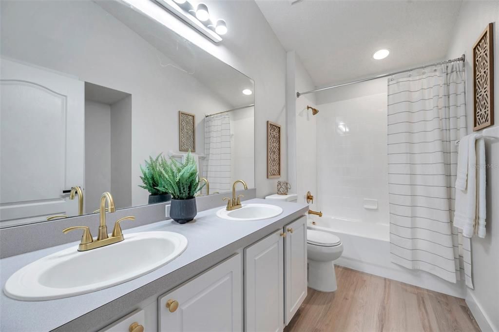 Bathroom, Dual Sink Vanities, Interior, Recessed Lighting, Wood Texture Flooring
