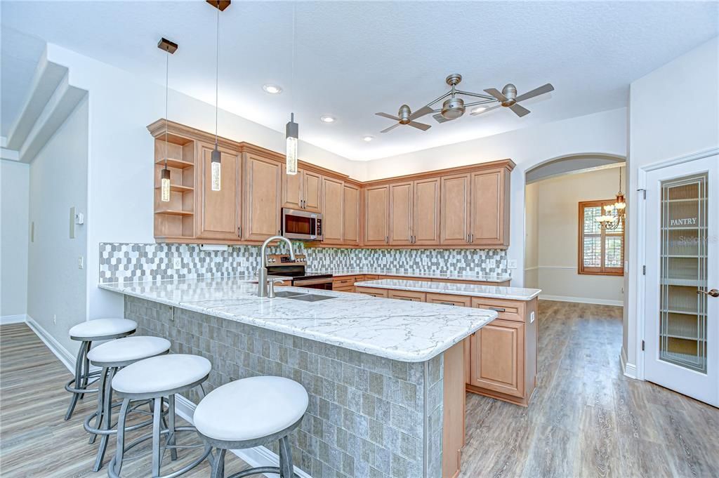 Interior, Kitchen, Pendant Lights, Recessed Lighting, Wood Texture Flooring