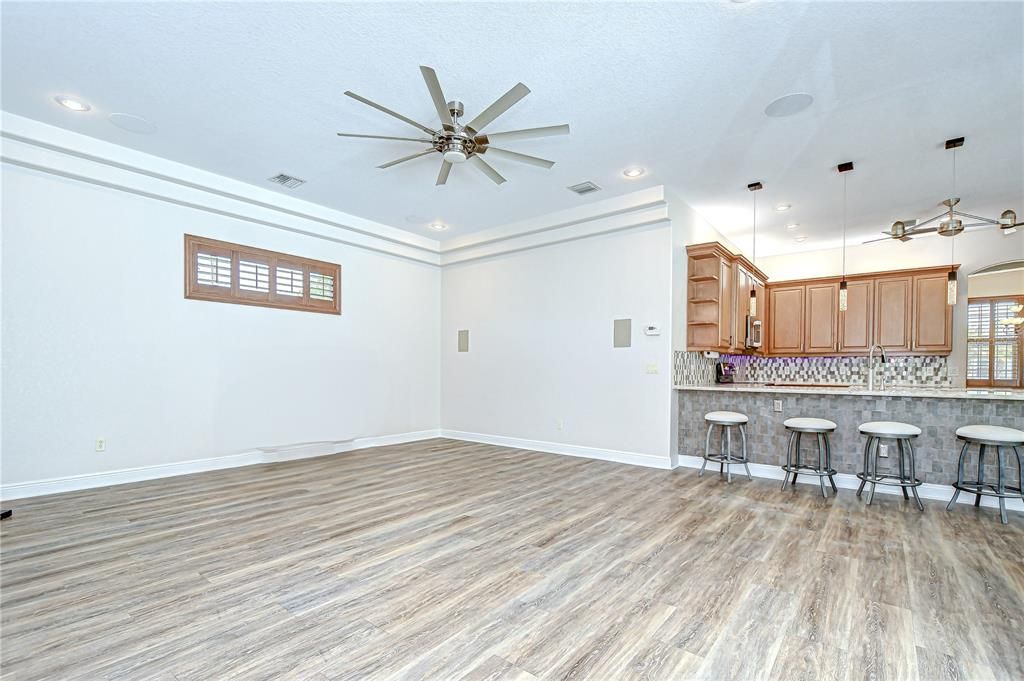 Empty room, Interior, Pendant Lights, Recessed Lighting, Wood Texture Flooring