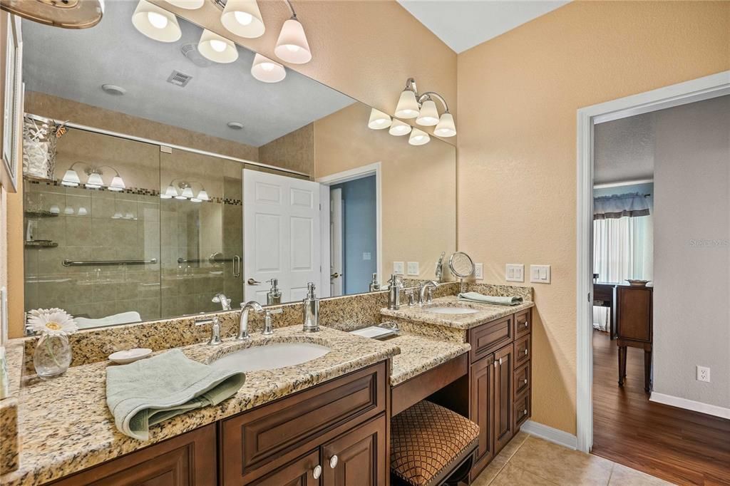 Bathroom, Dual Sink Vanities, Glass Shower, Interior, Wood Texture Flooring