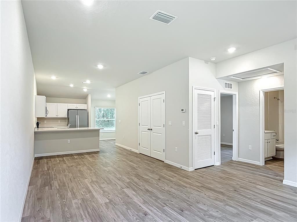 Empty room, Interior, Kitchen, Recessed Lighting, Wood Texture Flooring
