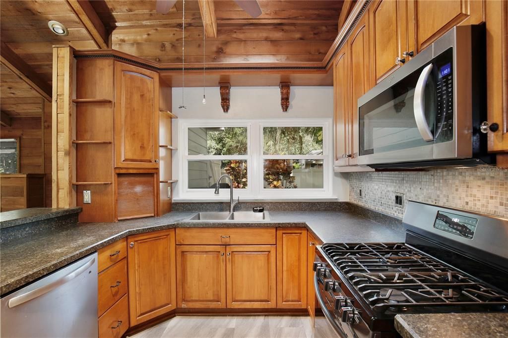 Interior, Kitchen, Pendant Lights, Wooden Ceilings, Wood Texture Flooring