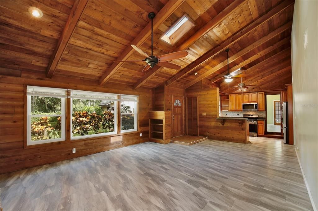 Empty room, Interior, Kitchen, Recessed Lighting, Stainless Steel Appliances, Wooden Beams, Wooden Ceilings, Wood Texture Flooring, Wooden Walls