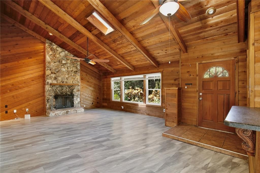 Empty room, Fireplace, Interior, Wooden Beams, Wooden Ceilings, Wood Texture Flooring, Wooden Walls