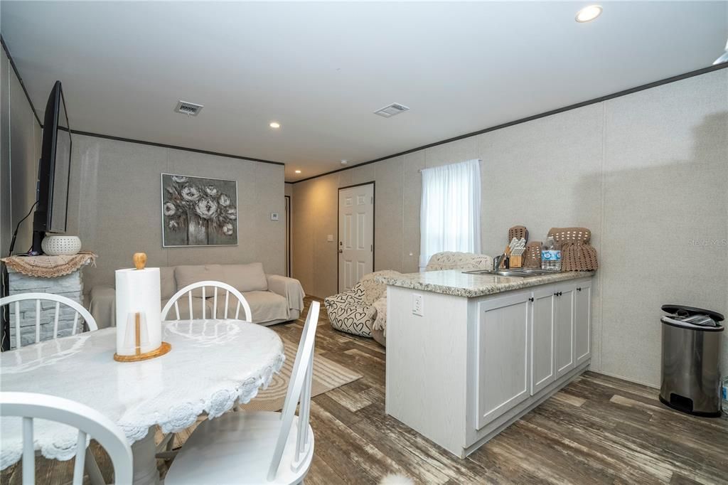 Dining room, Interior, Recessed Lighting, Wood Texture Flooring