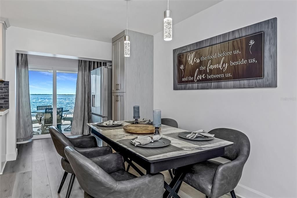 Dining room, Interior, Pendant Lights, Water, Wood Texture Flooring