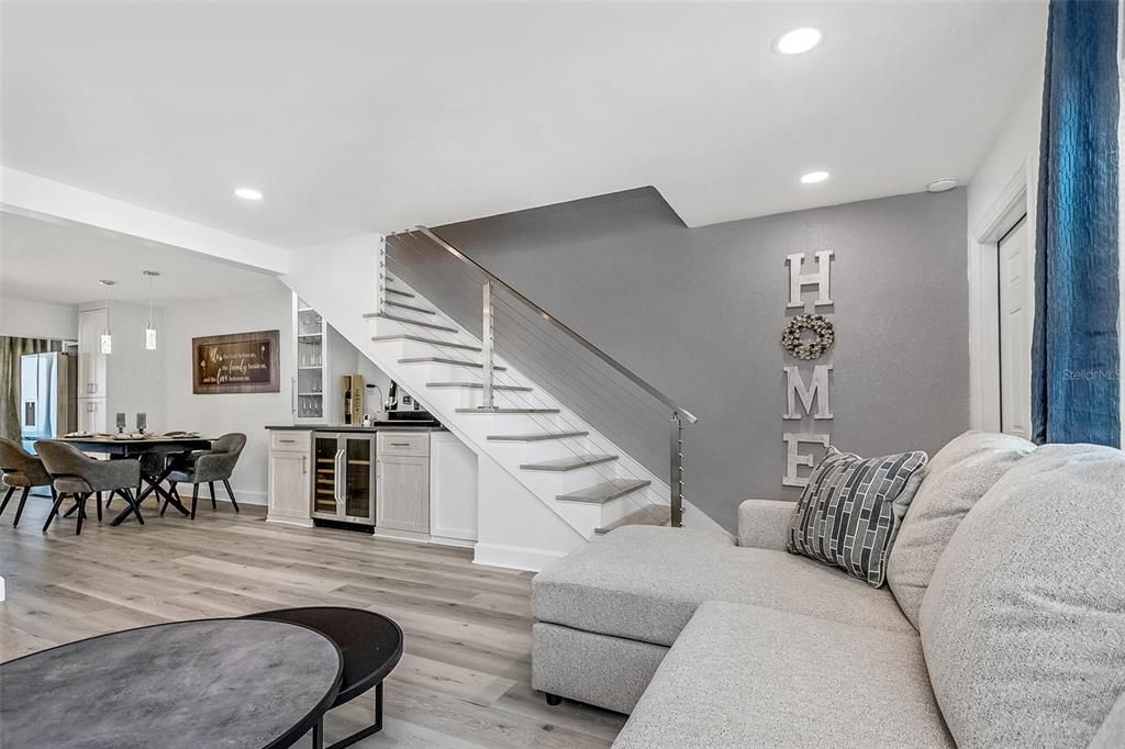Dining room, Interior, Living room, Pendant Lights, Recessed Lighting, Wood Texture Flooring