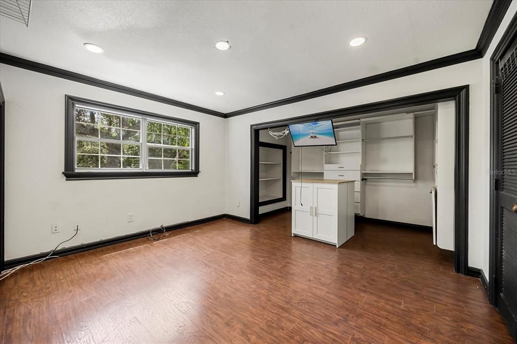 Billiard Table, Chandelier, Empty room, Game Room, Interior, Recessed Lighting, Wooden Beams, Wood Texture Flooring