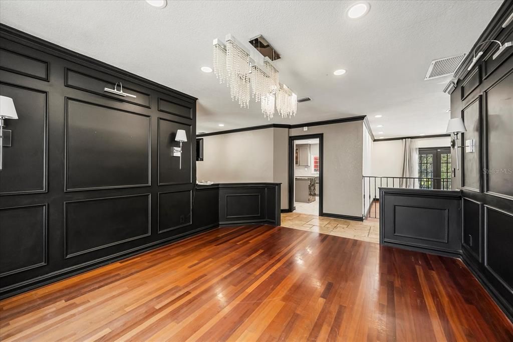 Empty room, Interior, Pendant Lights, Stone Walls, Wood Texture Flooring