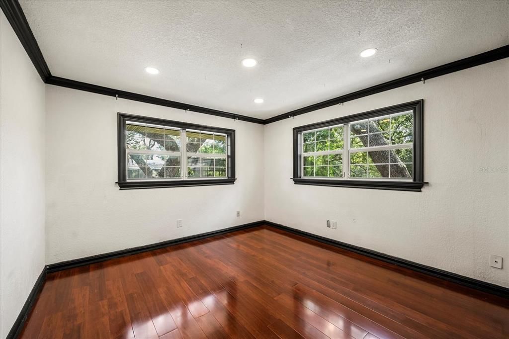 Chandelier, Empty room, Interior, Recessed Lighting, Wooden Beams, Wood Texture Flooring