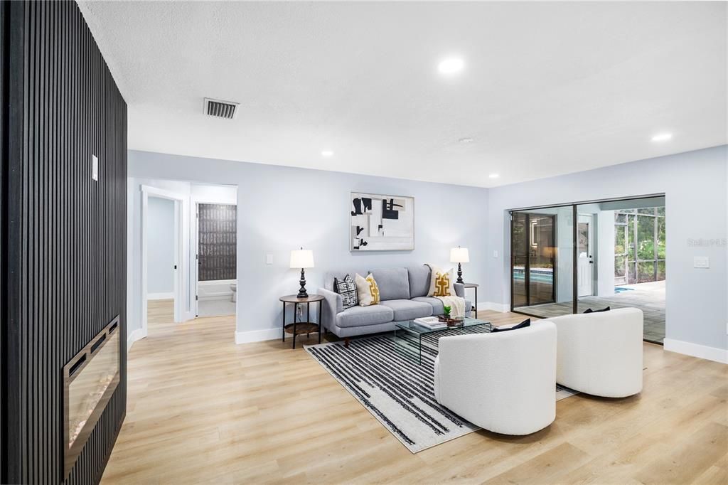 Interior, Living room, Recessed Lighting, Wood Texture Flooring