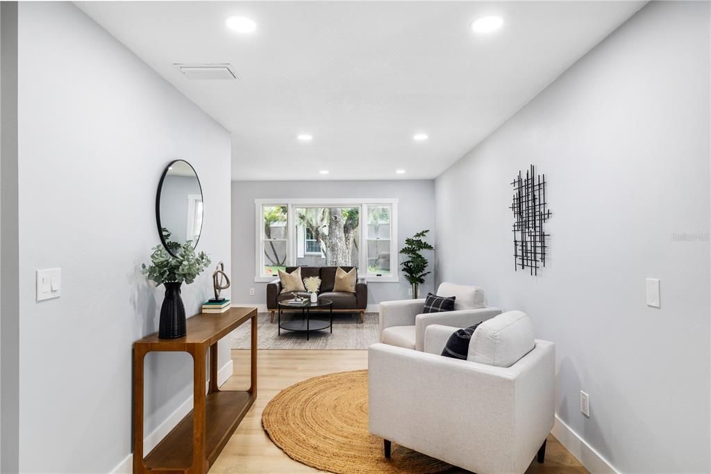 Interior, Living room, Recessed Lighting, Wood Texture Flooring