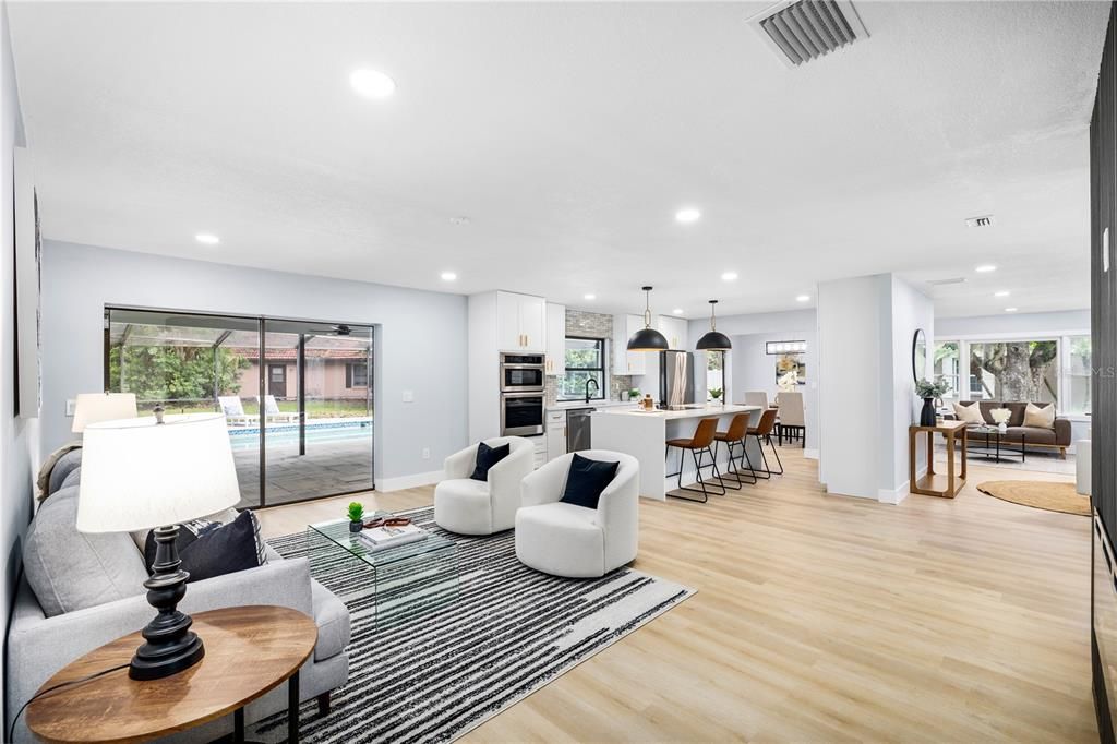 Interior, Kitchen, Living room, Pendant Lights, Recessed Lighting, Stainless Steel Appliances, Wood Texture Flooring