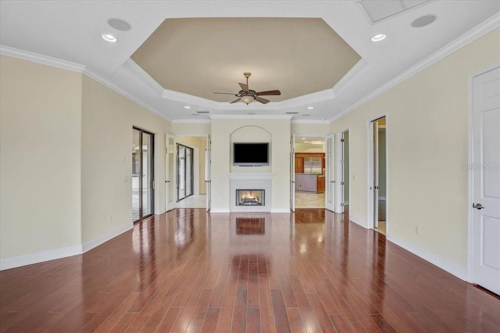 Empty room, Fireplace, Interior, Recessed Lighting, Wood Texture Flooring