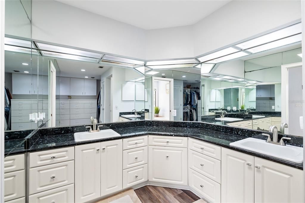 Bathroom, Dual Sink Vanities, Interior, Kitchen, Recessed Lighting, Wood Texture Flooring
