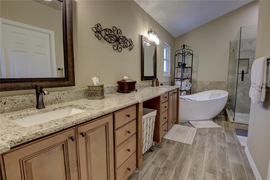 Bathroom, Dual Sink Vanities, Free Standing Baths, Glass Shower, Interior, Wood Texture Flooring