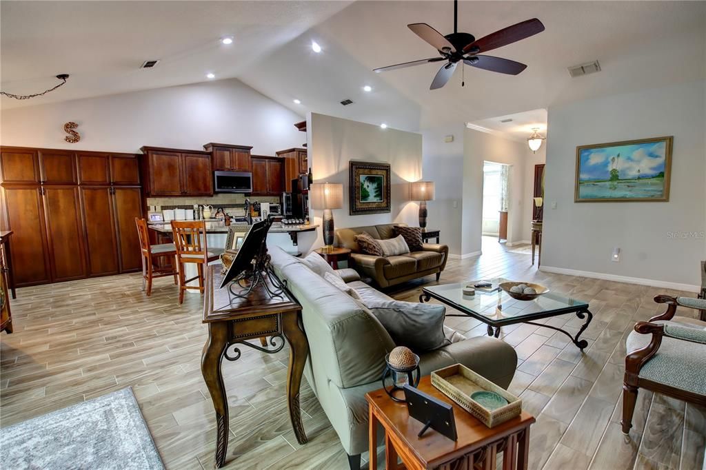 Dining room, Interior, Kitchen, Living room, Recessed Lighting, Wood Texture Flooring