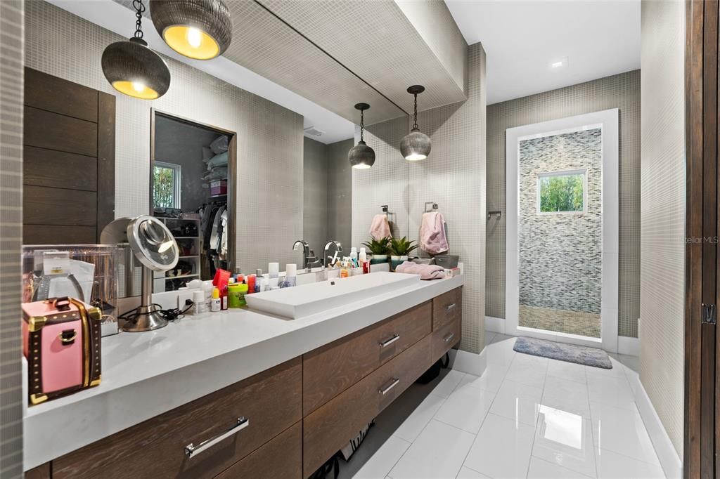 Bathroom, Dual Sink Vanities, Glass Shower, Interior, Pendant Lights, Recessed Lighting