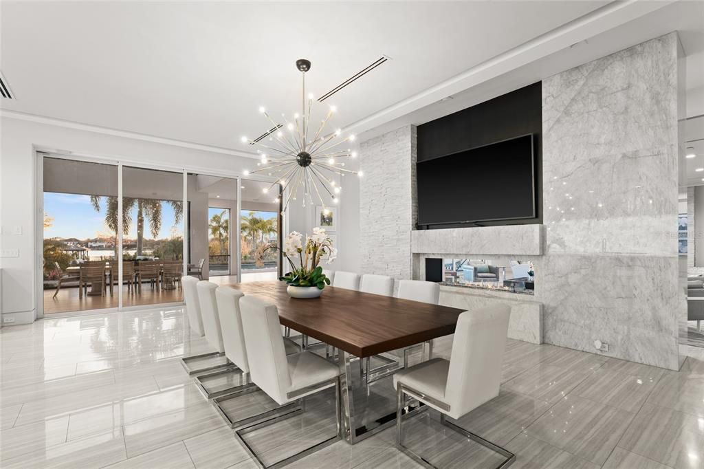 Dining room, Interior, Marble Walls, Pendant Lights