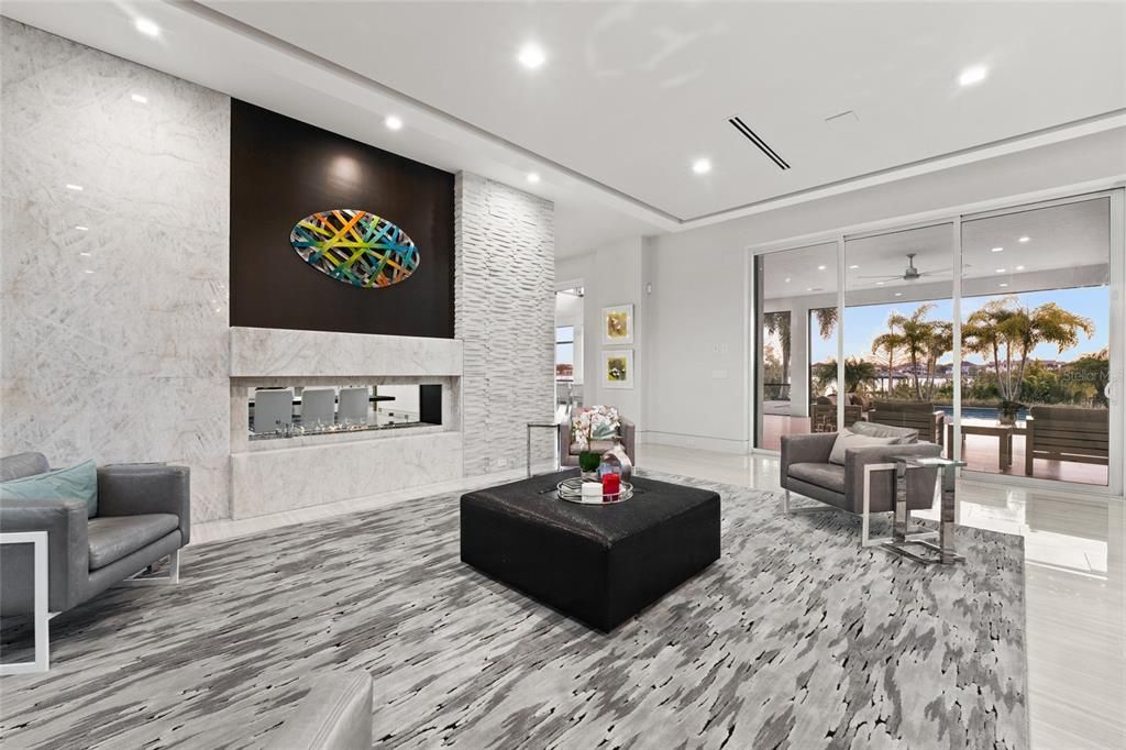 Fireplace, Interior, Living room, Marble, Marble Walls, Recessed Lighting