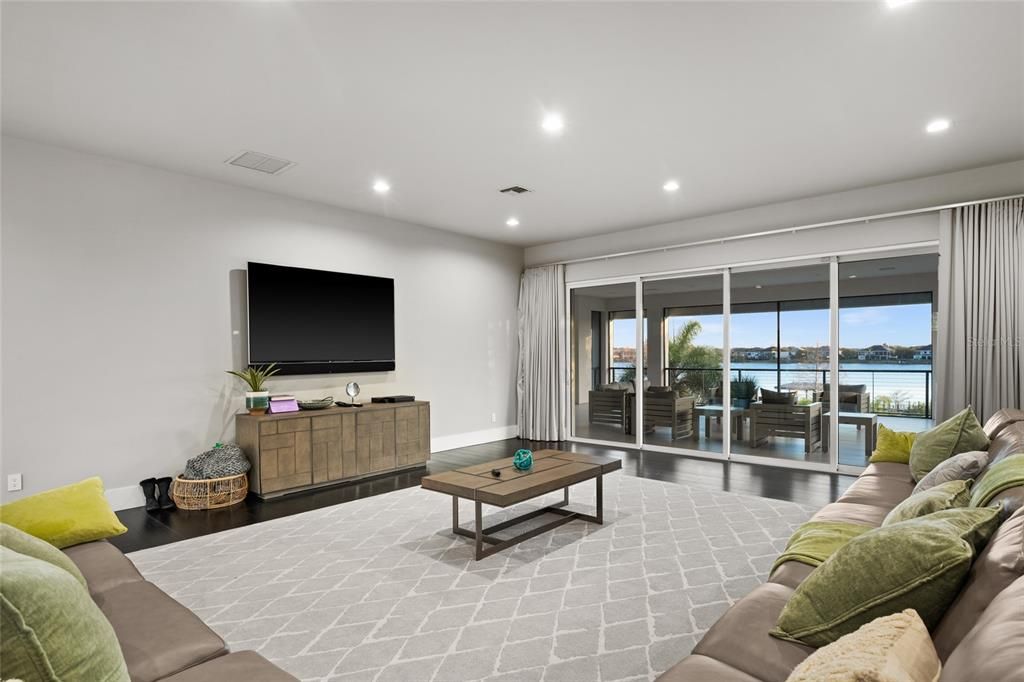 Interior, Living room, Recessed Lighting, Water, Wood Texture Flooring