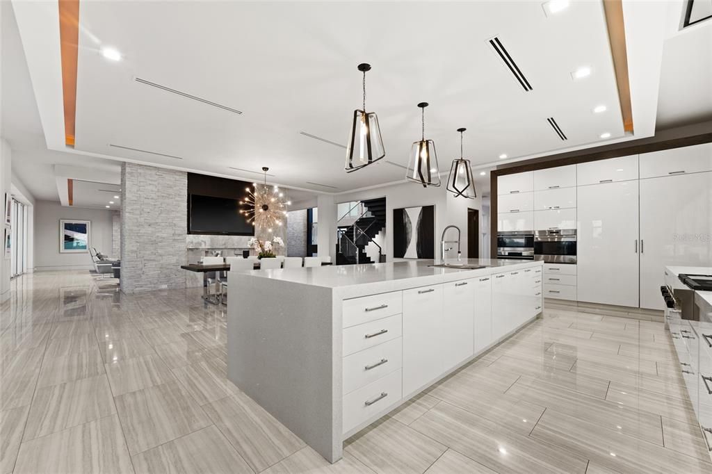 Dining room, Interior, Kitchen, Pendant Lights, Recessed Lighting, Stone Walls