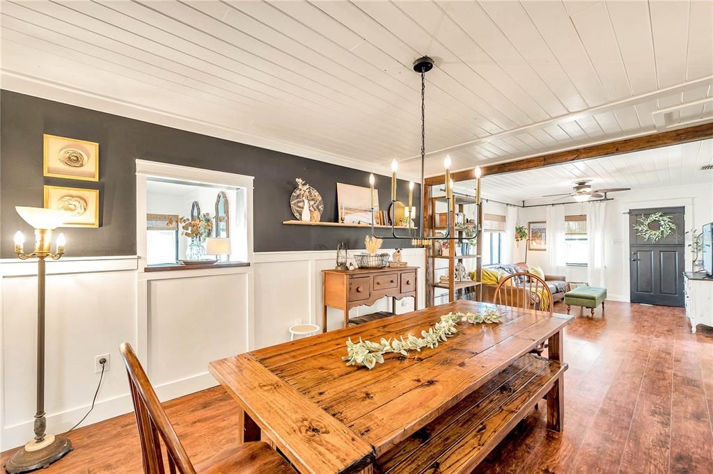 Dining room, Interior, Pendant Lights, Wood Texture Flooring