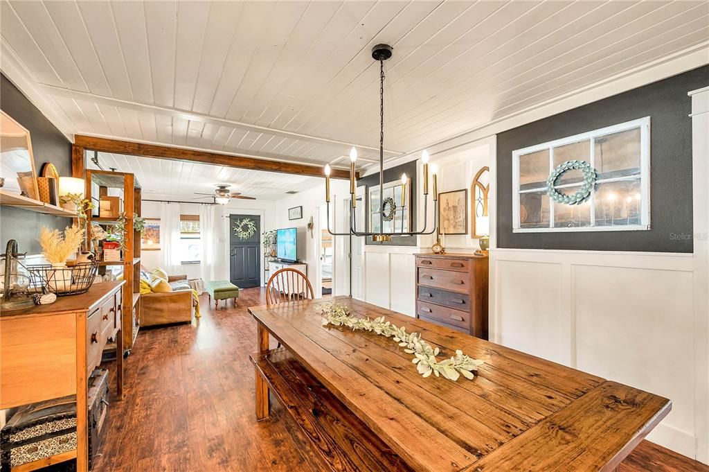 Dining room, Interior, Pendant Lights, Wood Texture Flooring