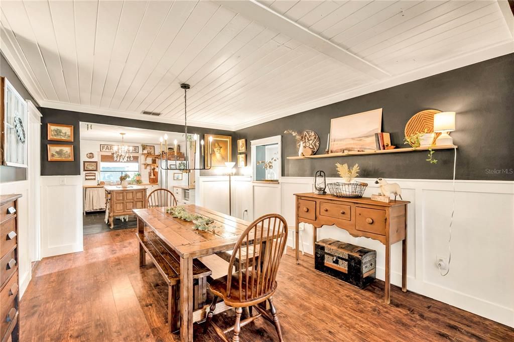 Dining room, Interior, Pendant Lights, Wood Texture Flooring