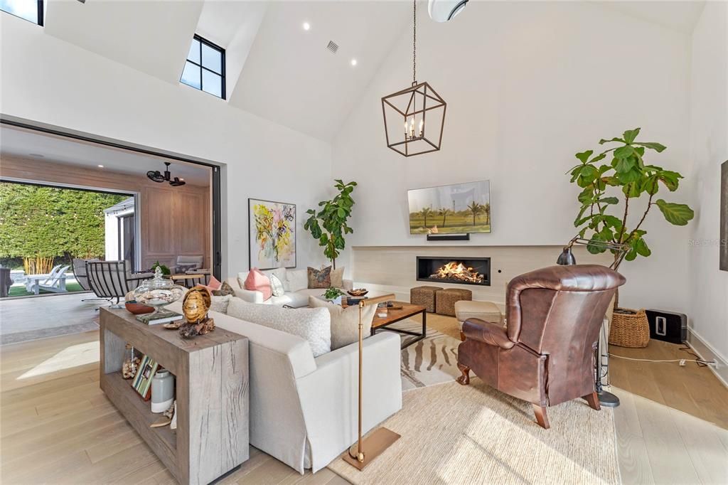 Fireplace, Interior, Living room, Pendant Lights, Recessed Lighting, Wood Texture Flooring