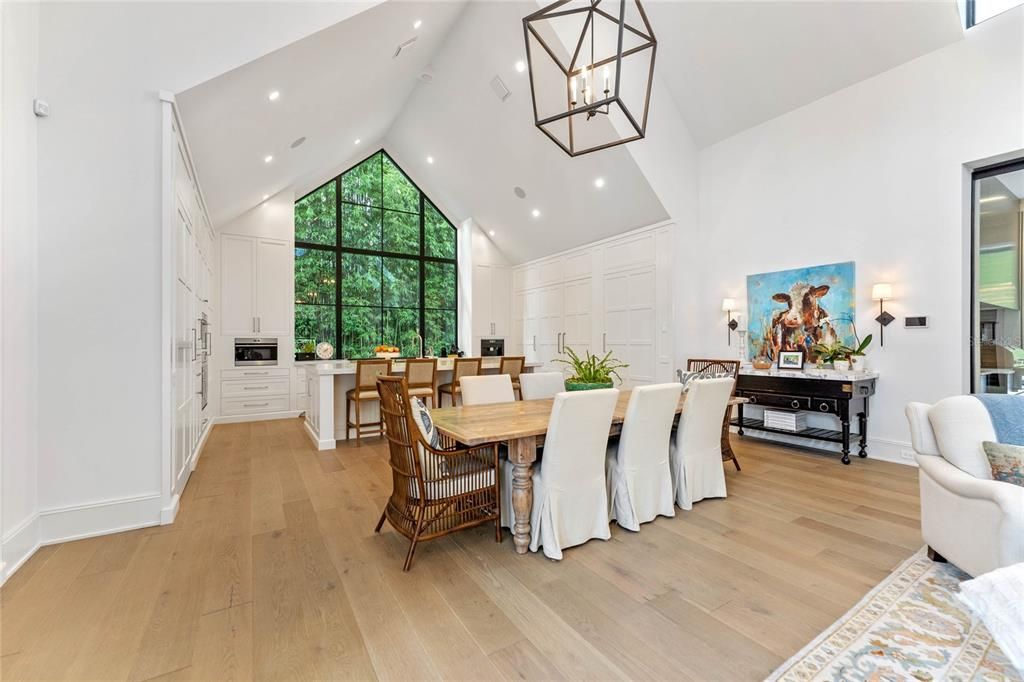 Dining room, Interior, Kitchen, Pendant Lights, Recessed Lighting, Wood Texture Flooring