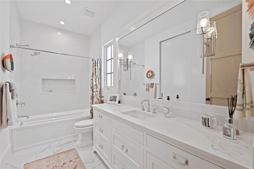 Bathroom, Dual Sink Vanities, Interior, Marble, Recessed Lighting