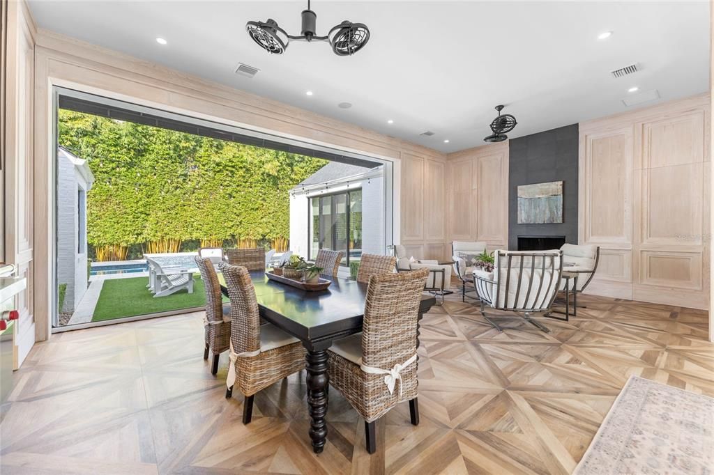 Dining room, Interior, Living room, Recessed Lighting, Wood Texture Flooring
