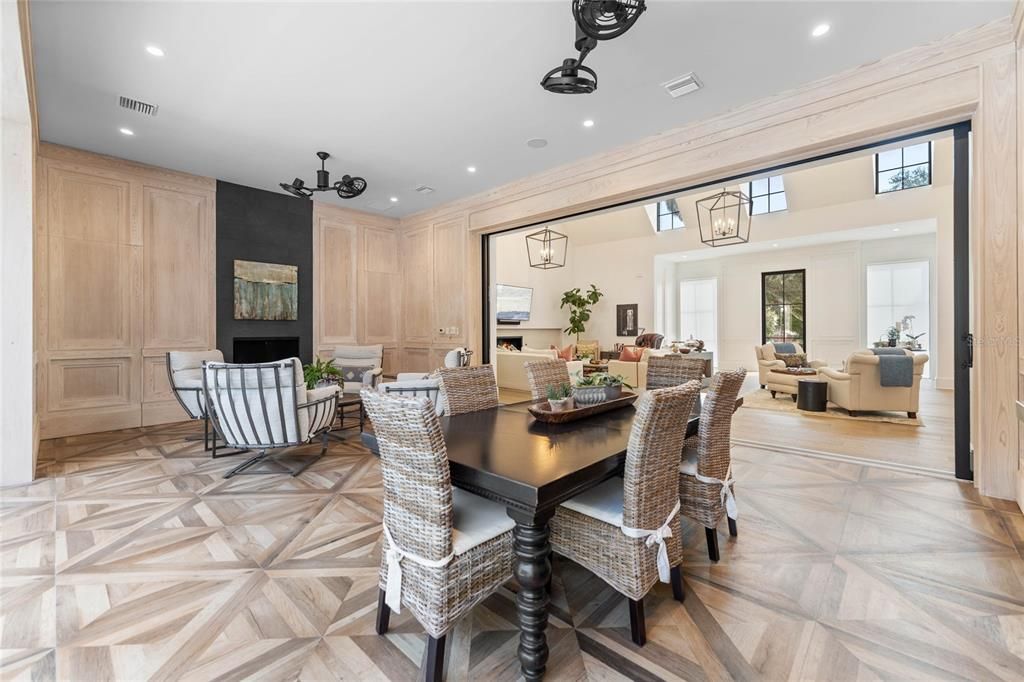 Dining room, Interior, Living room, Recessed Lighting, Wood Texture Flooring