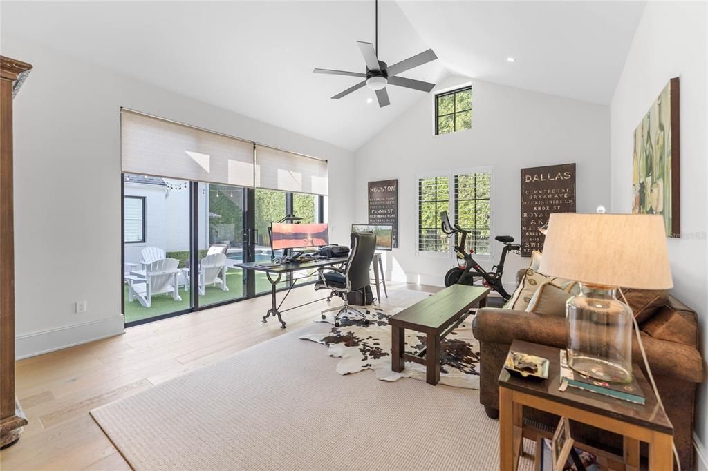 Fitness Equipment, Home Office, Interior, Recessed Lighting, Wood Texture Flooring