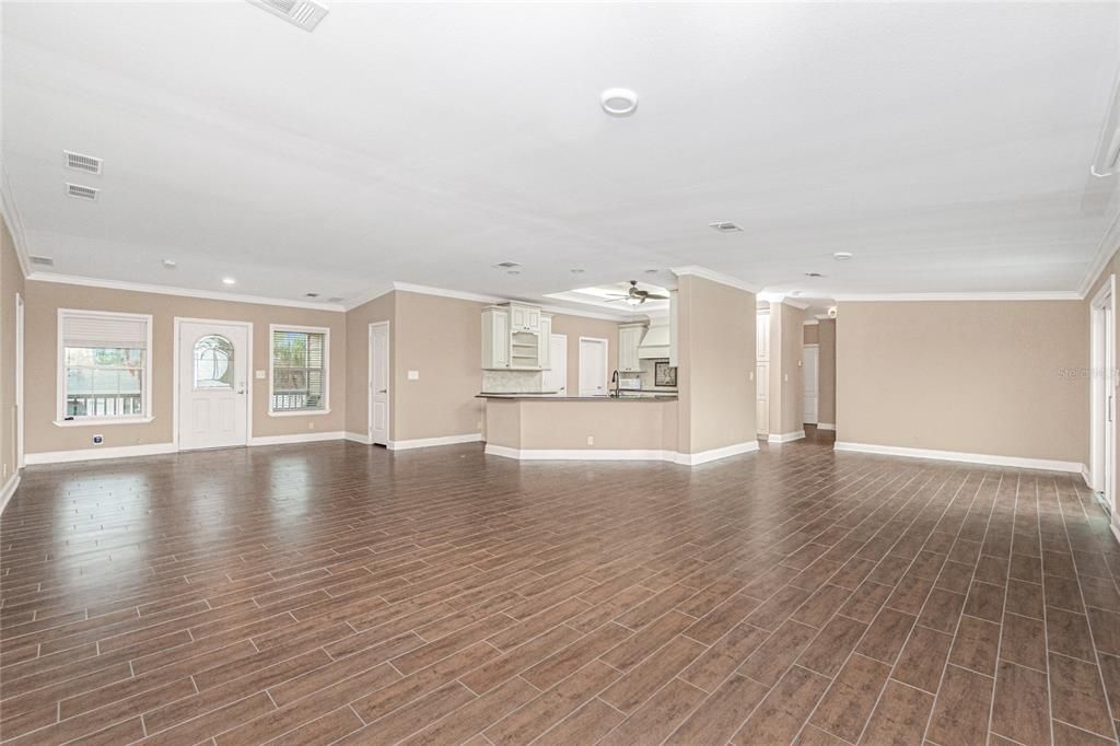 Empty room, Interior, Kitchen, Recessed Lighting, Wood Texture Flooring