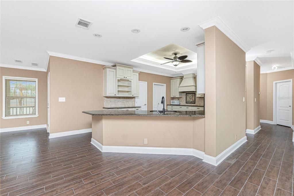 Empty room, Interior, Kitchen, Recessed Lighting, Wood Texture Flooring