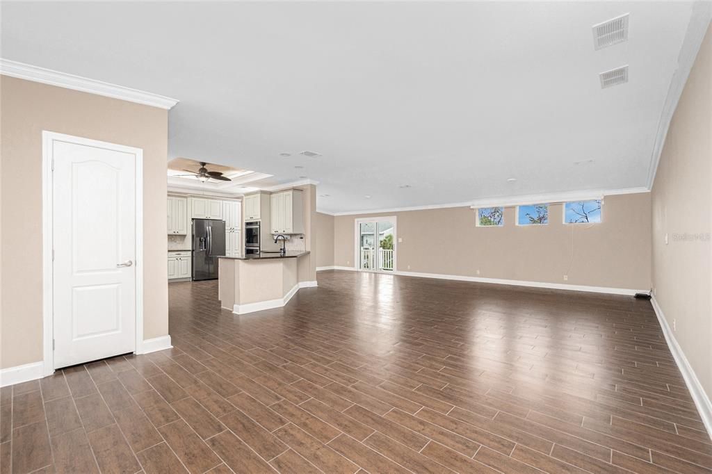 Empty room, Interior, Kitchen, Recessed Lighting, Wood Texture Flooring