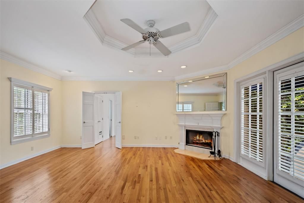 Empty room, Fireplace, Interior, Recessed Lighting, Wood Texture Flooring