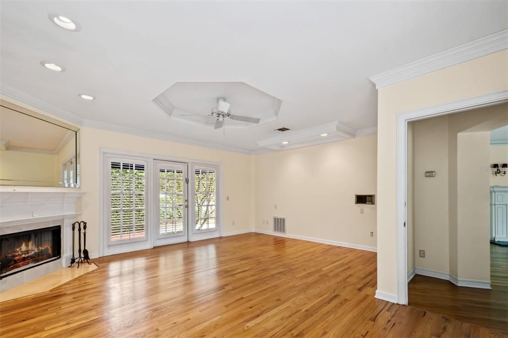 Empty room, Fireplace, Interior, Recessed Lighting, Wood Texture Flooring