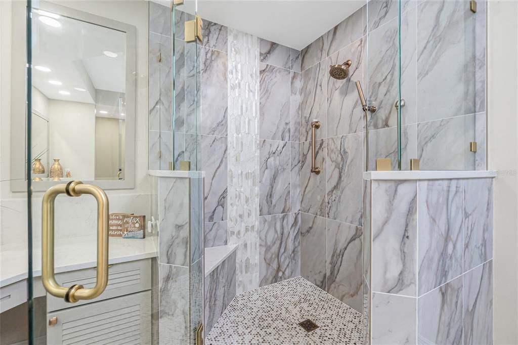 Bathroom, Interior, Marble Walls, Recessed Lighting