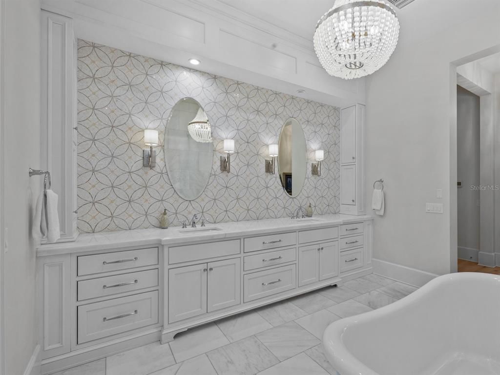 Bathroom, Chandelier, Dual Sink Vanities, Interior, Marble, Recessed Lighting