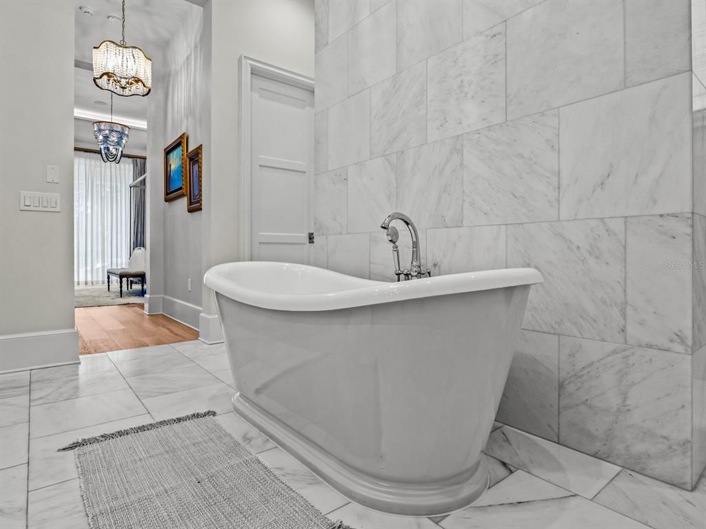 Bathroom, Free Standing Baths, Interior, Marble, Marble Walls, Pendant Lights, Wood Texture Flooring