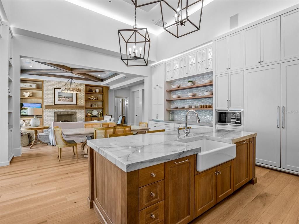 Dining room, Fireplace, Interior, Kitchen, Living room, Pendant Lights, Recessed Lighting, Stone Walls, Wooden Beams, Wood Texture Flooring